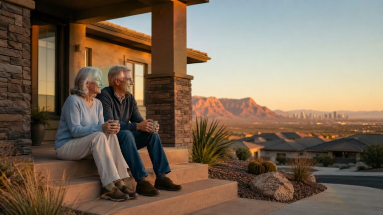 Older homeowners sitting together on the porch of their Las Vegas home at sunset, with Red Rock Canyon and the city skyline in the distance
